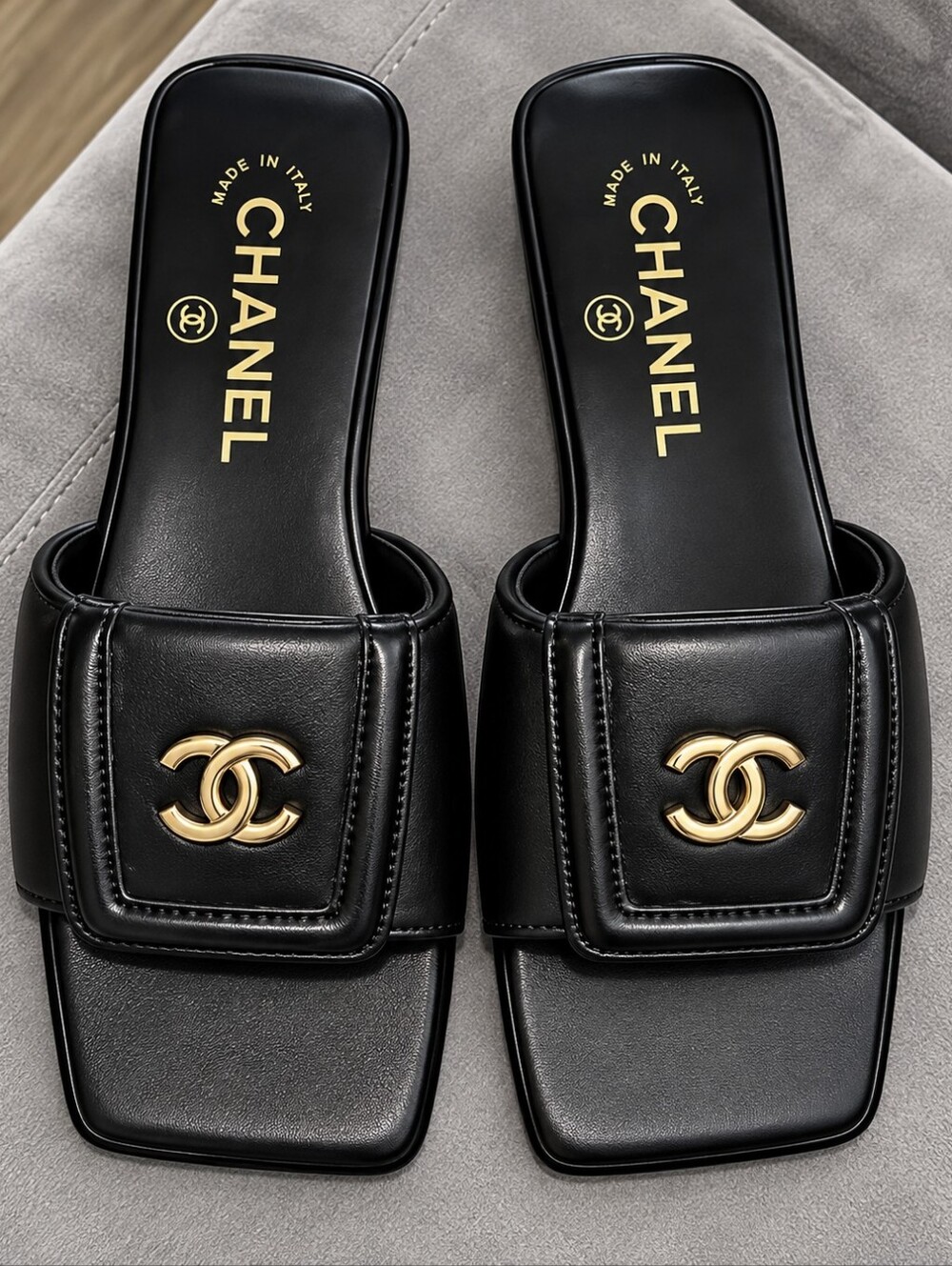 Chanel Black Leather Slide Sandals with Gold CC Logo
